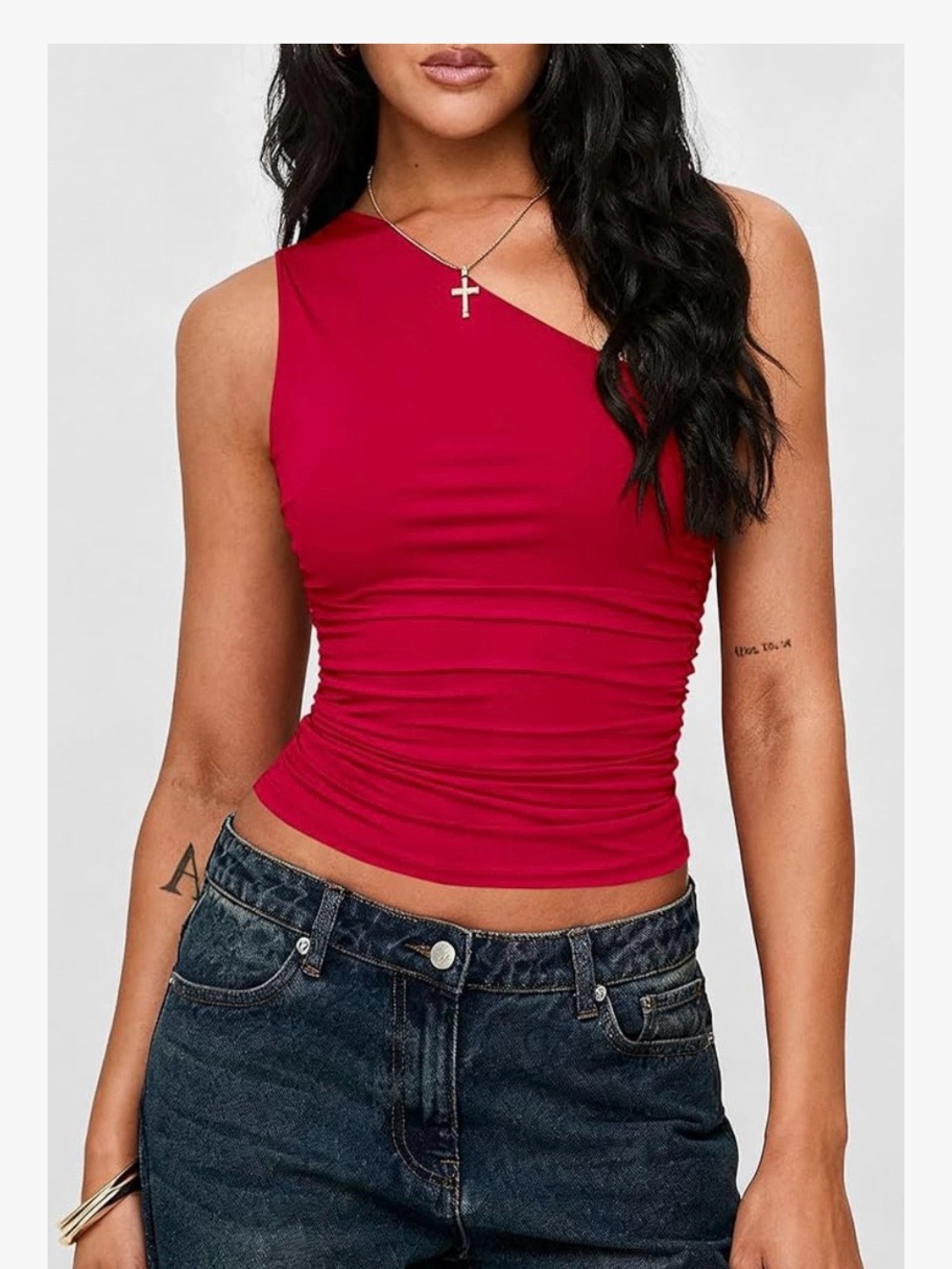 Women’s One-Shoulder Ruched Tank Top in Red - Picture 4 of 5
